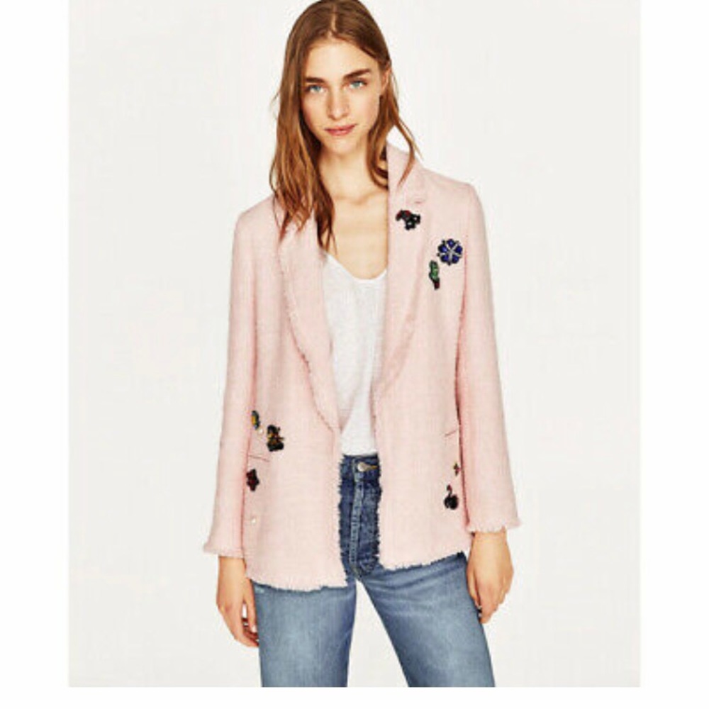 Zara Womens Pink Tweed Blazer with Embellishments size S
